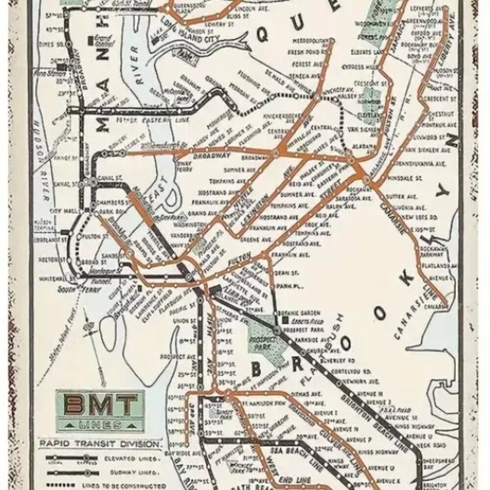 1925 NYC MTA Subway Lines Map Metal Print Sign 8"x12" + Bonus Current Paper Map